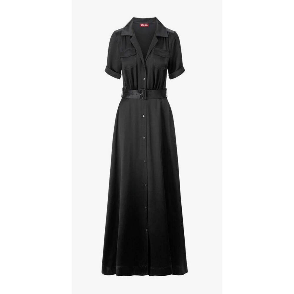 Staud Black Satin Millie Dress Quiet Luxury Old Money Modern Chic Wedding Guest